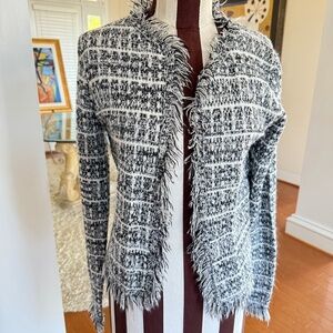 Sioni Essentials Black White Knit Cardigan Jacket Open Front Decorative Fringe S